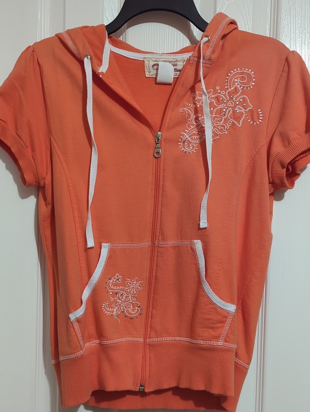 Vintage Cotton Zip-Up Hoodie, Short Sleeve Jacket, Orange.  Size S